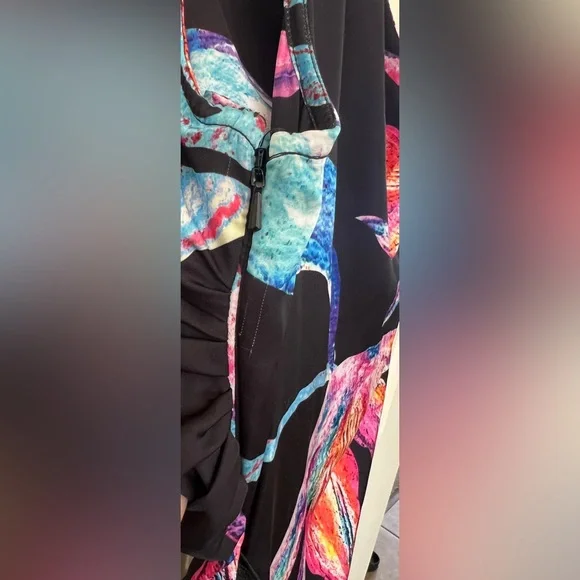 Rocco Sand One Shoulder Asymmetrical Fringe Dress Black Floral Cocktail Boho - Picture 3 of 7